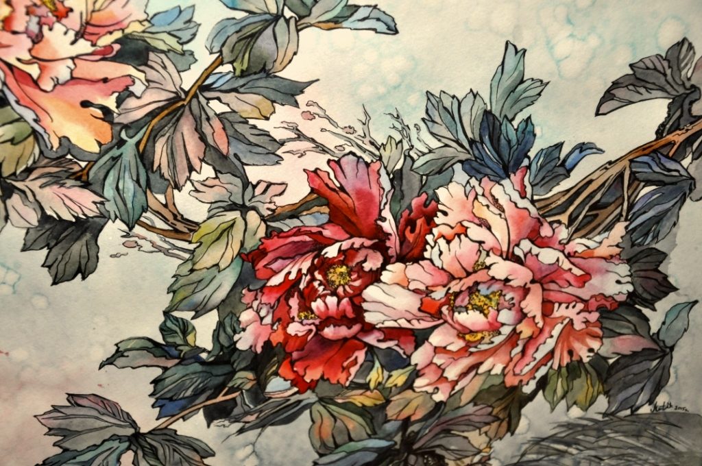 Картина Пионы акварель фрагменты