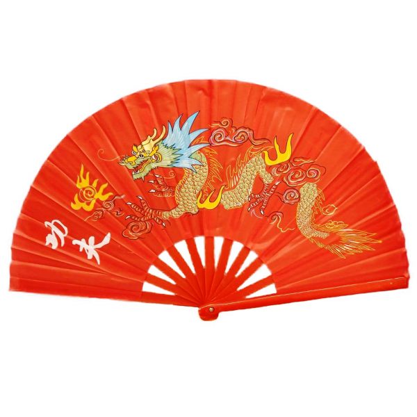 Китайский веер для танца красный с драконом