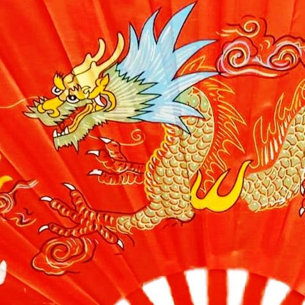 Китайский веер для танца красный с драконом 3